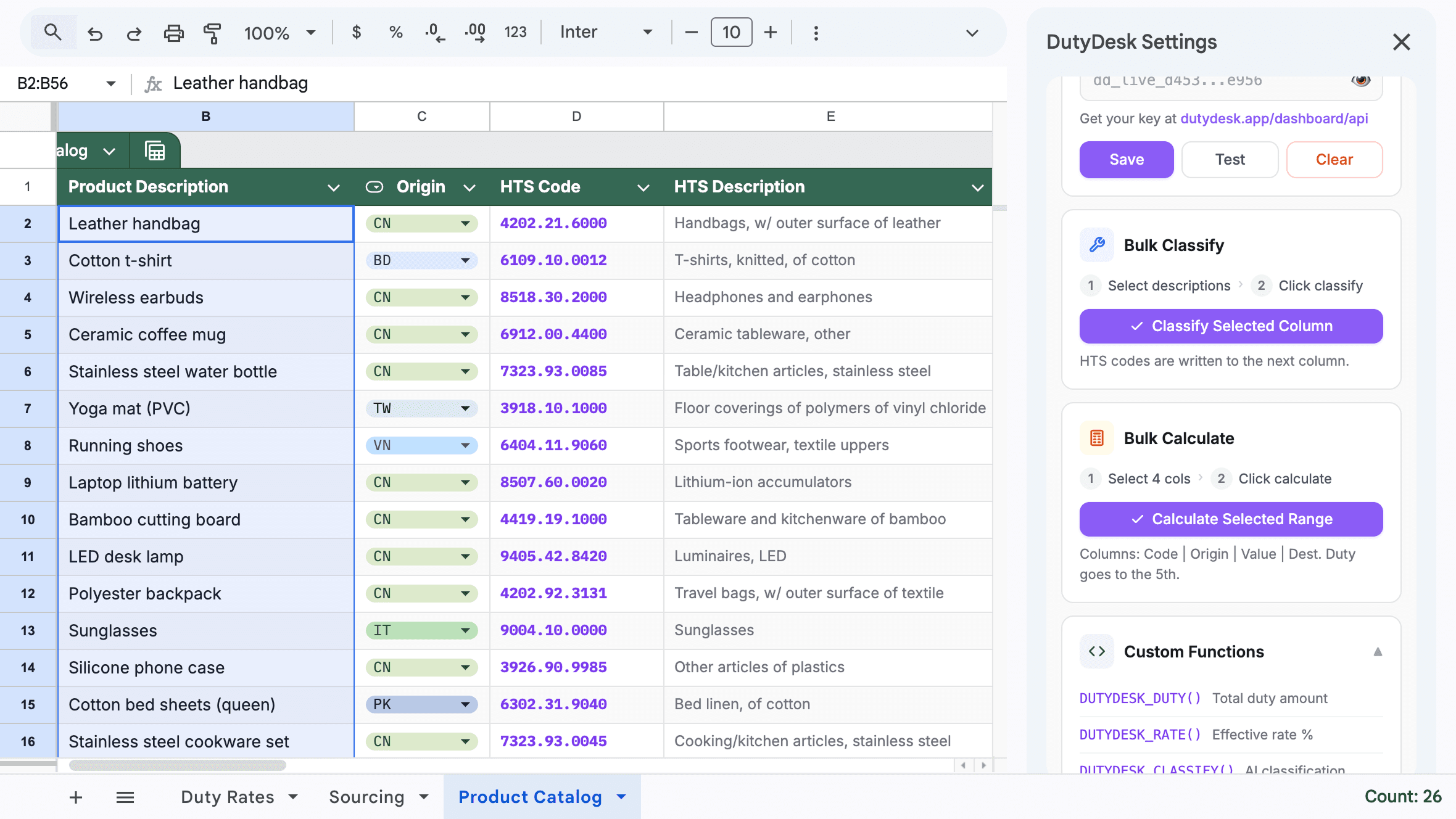 DutyDesk Google Sheets add-on bulk classifying product descriptions into HTS codes