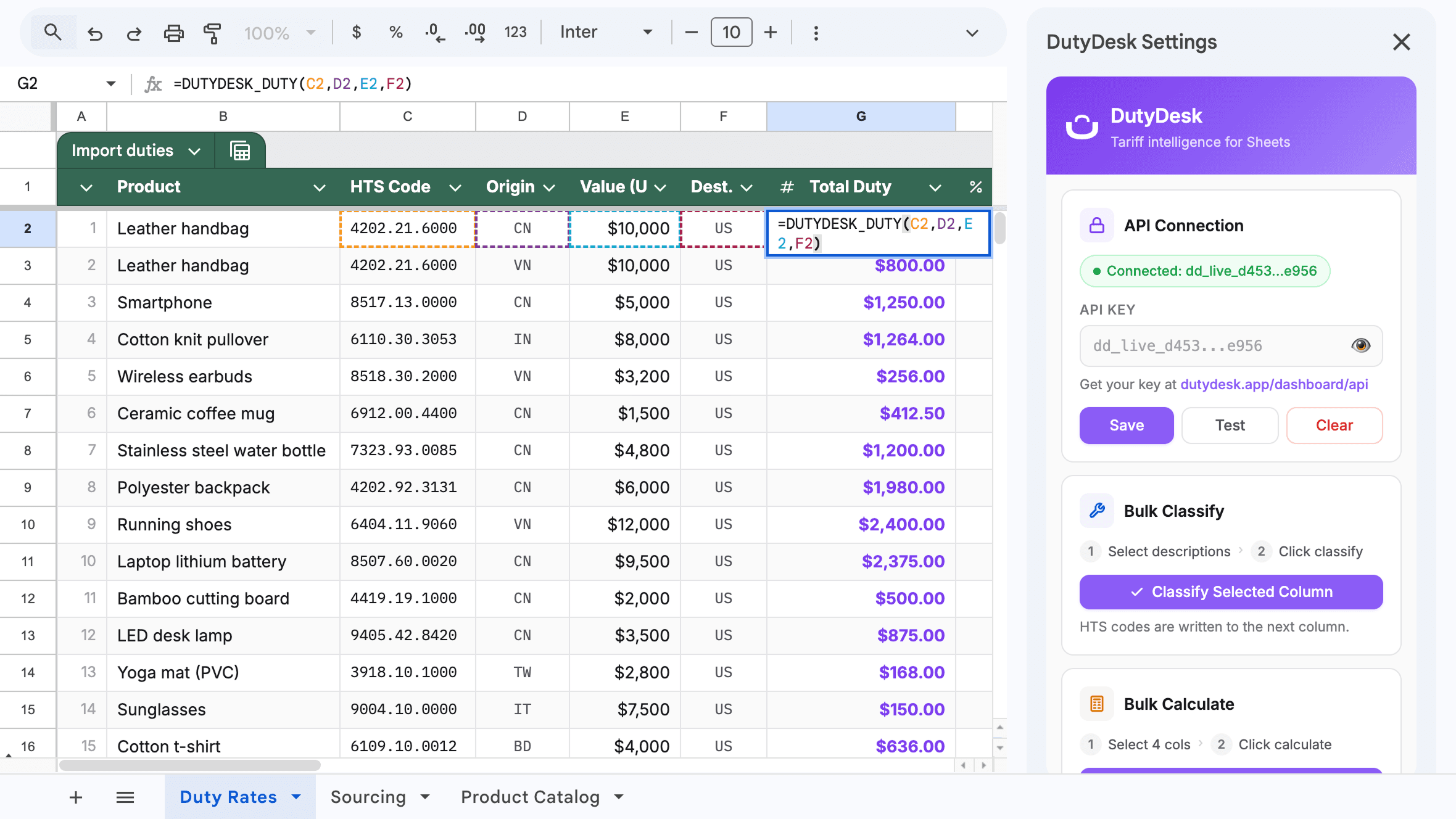 DutyDesk Google Sheets add-on calculating import duty with the DUTYDESK_DUTY formula